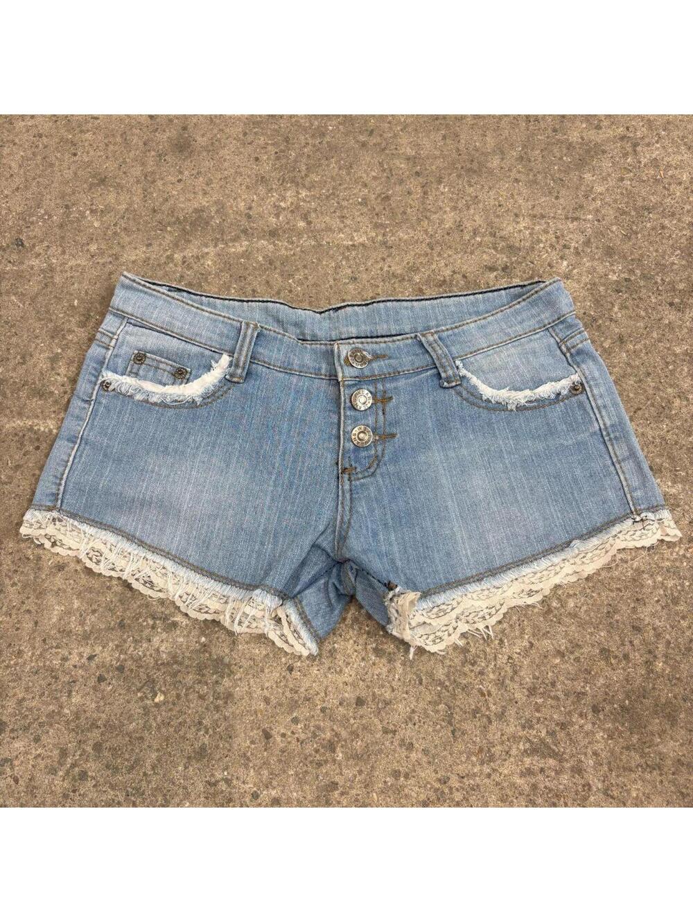 Vintage Y2K Low Rise Denim Micro Shorts Light Wash Lace Trim
